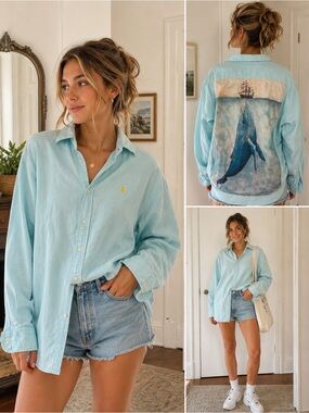 Ralph Lauren Upcycled Whale Graphic Button Down Shirt XL Coastal Cottagecore